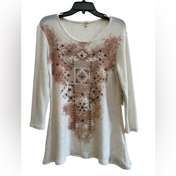 Reba Tops - NWTs Reba Cream and Brown Patterned Long Sleeve Tunic Sweater